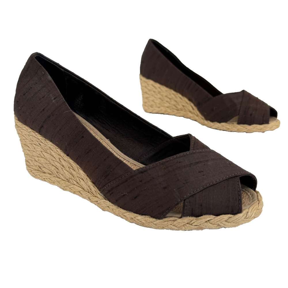 Ralph Lauren Women’s Pumps 7.5 Brown Espadrille Wedge Heel Peep Toe Summer Retro - Picture 1 of 12
